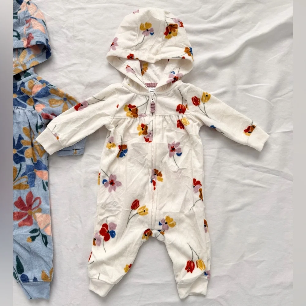 Carters Bundle | 2 Infant Girls Fleece Zip Hooded Jumpsuit | 3 months | Floral